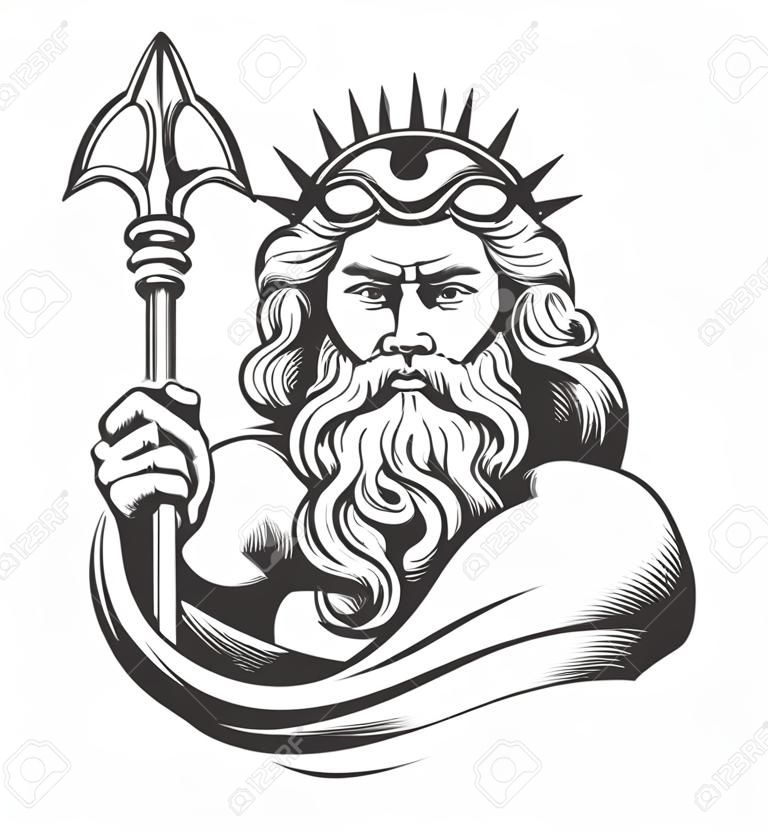 Neptune holds Trident drawn in engraving style isolated on white background. Vector illustration.
