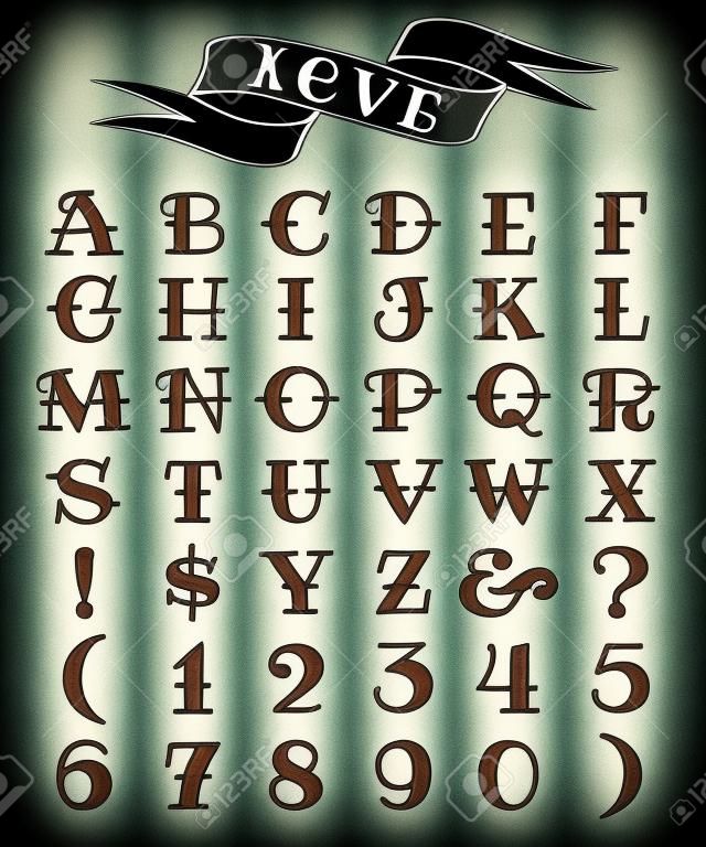 Set van tatoeage stijl letters en cijfers, alfabeth voor uw tatoeage ontwerp.