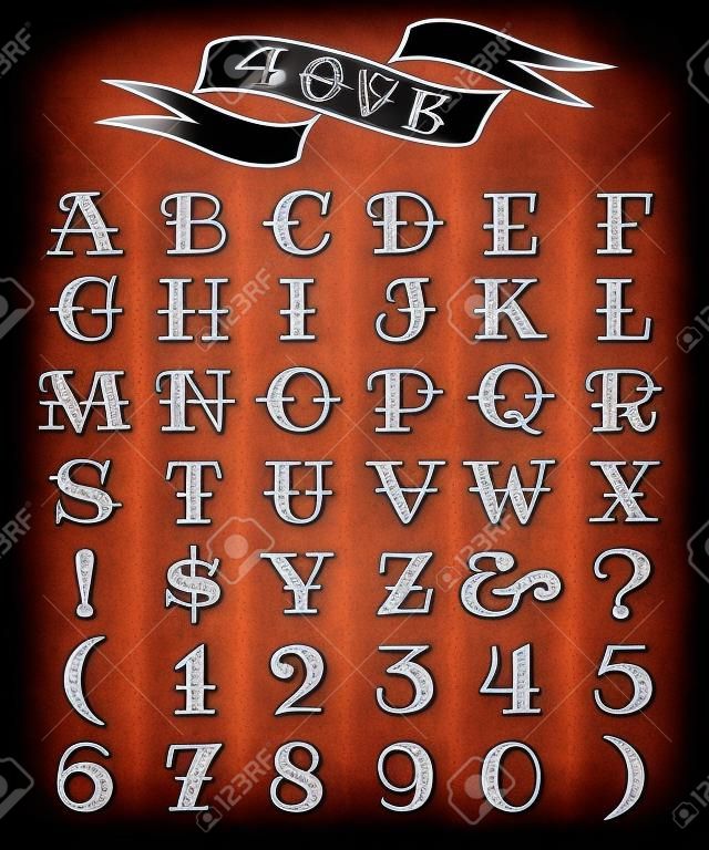 Készlet tetoválás stílusú betűk és számok, alphabeth a tetoválás tervezéséhez.