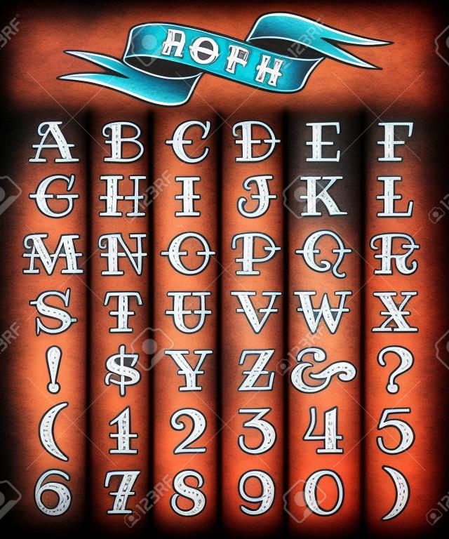 Set van tatoeage stijl letters en cijfers, alfabeth voor uw tatoeage ontwerp.