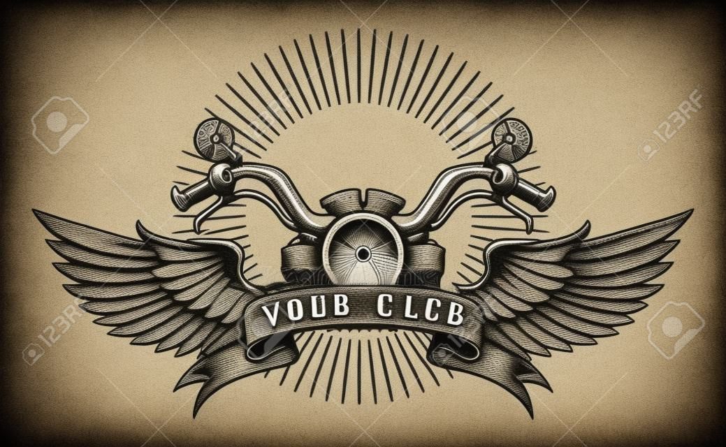 Vintage motorkerékpár klub emblémája. Motorkerékpár szárnyakkal. Vektoros illusztráció.