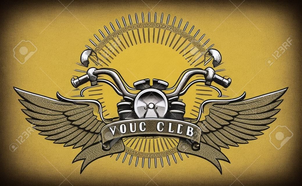 老式摩托车俱乐部会徽。带翅膀的摩托车。传染媒介例证。