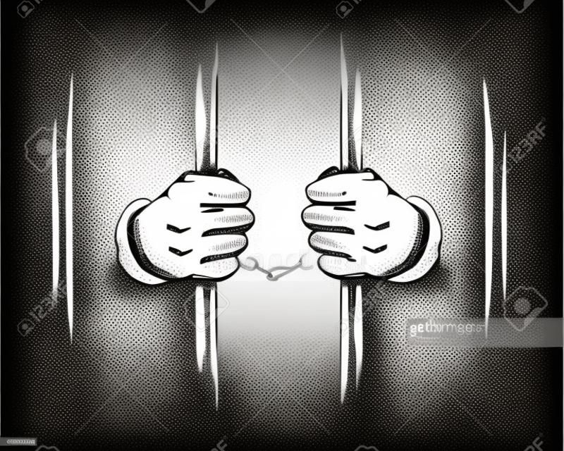 Ręcznie rysowane ręce więźnia w kajdankach, trzymając kraty więzienia. Ilustracji wektorowych.