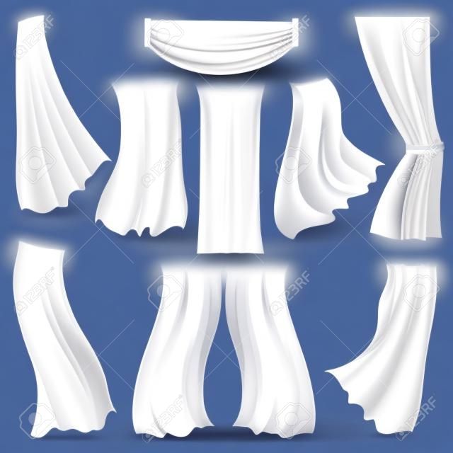 Set di panni bianchi svolazzanti realistici morbidi leggeri isolati su sfondo trasparente. Illustrazione vettoriale