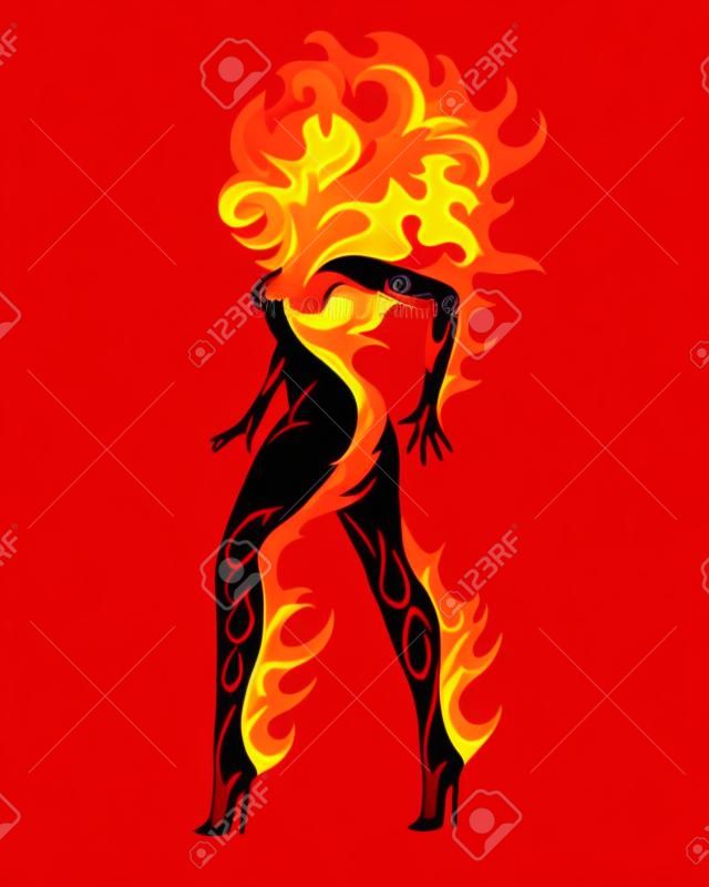 Silueta de mujer en llamas. Símbolo de fuego aislado sobre fondo blanco. Ilustración de vector.