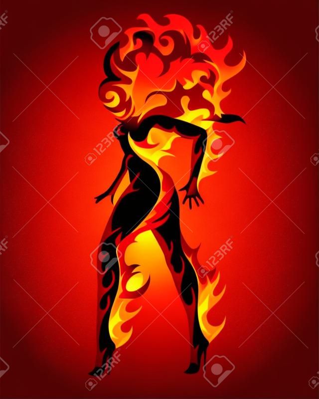 불꽃에 여자 실루엣입니다. 흰색 배경에 고립 된 화재의 상징입니다. 벡터 일러스트 레이 션.