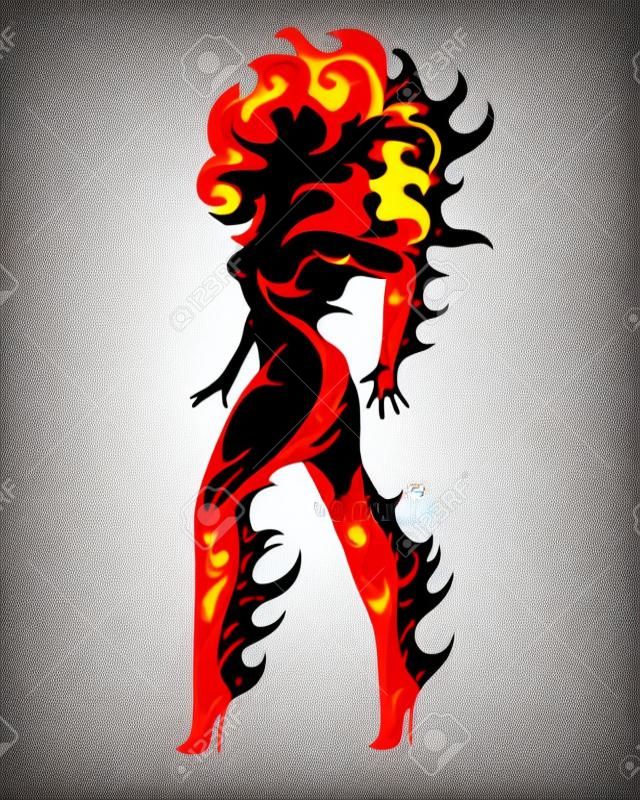 Silueta de mujer en llamas. Símbolo de fuego aislado sobre fondo blanco. Ilustración de vector.