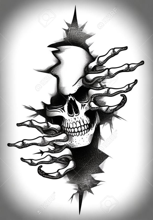 Crâne humain lorgnant à travers le trou dessiné dans le style de tatouage. Illustration vectorielle.