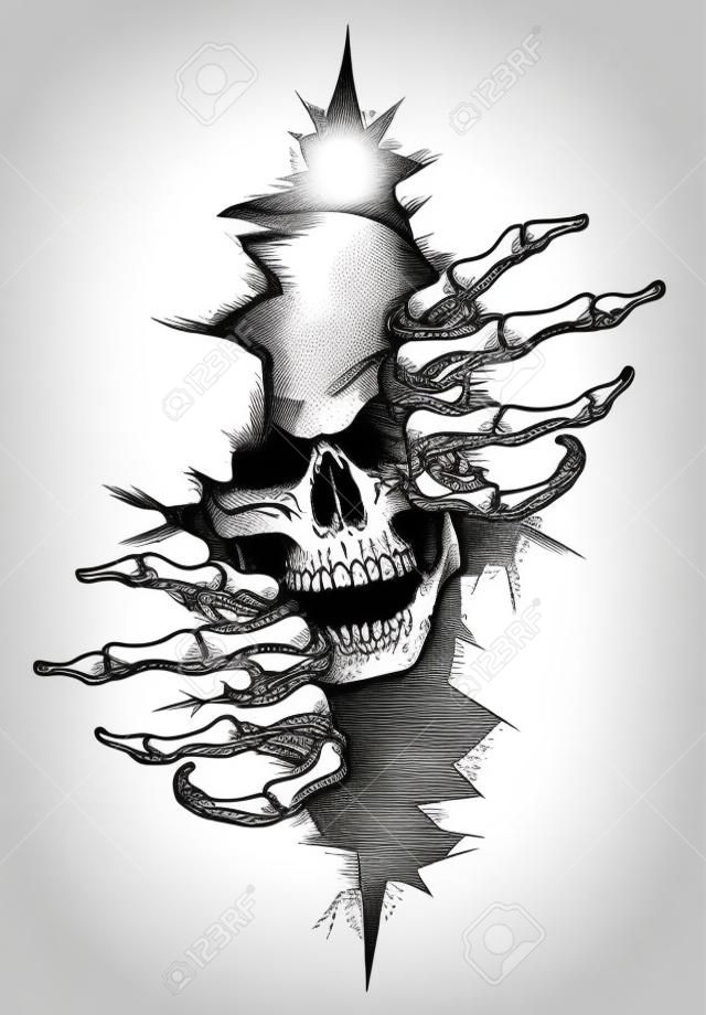 Human Skull peeping Through Hole drawn in tattoo style. Vector illustration.