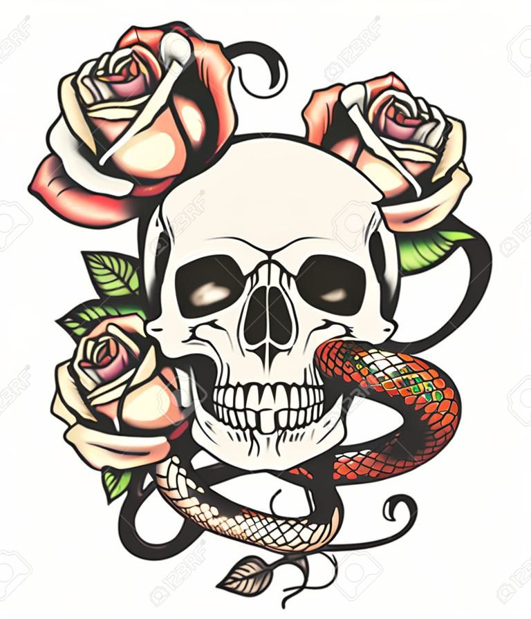 Diseño de tatuaje colorido con calavera, rosas y serpiente. Ilustración de vector.