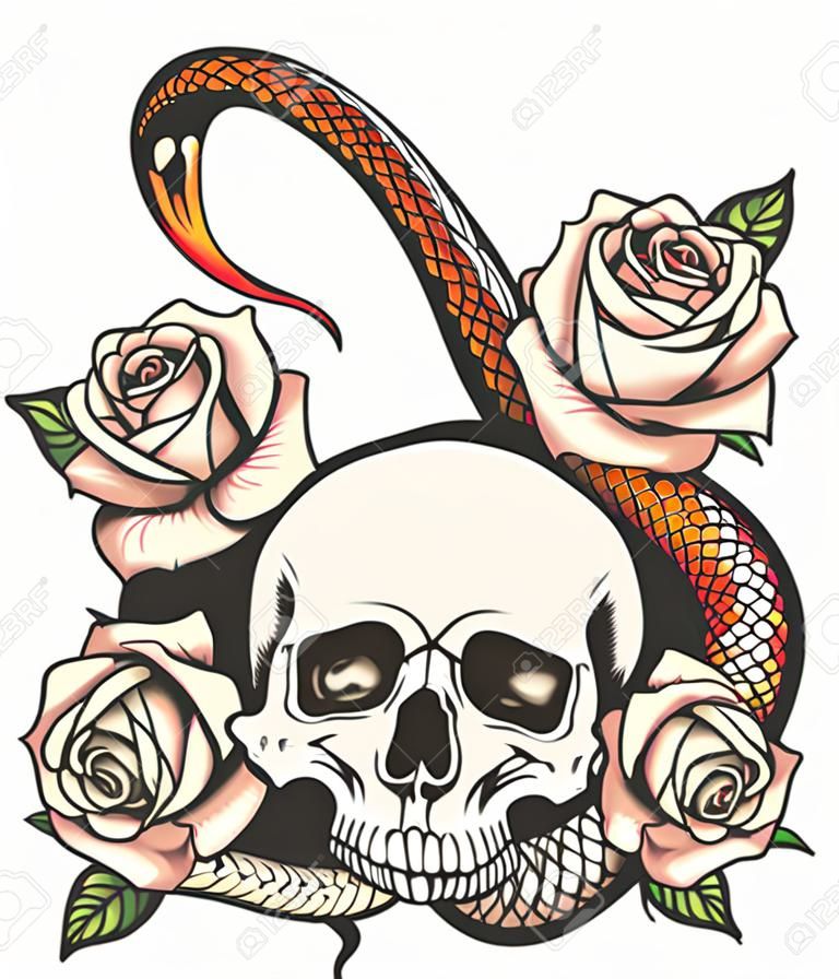 Colorful Tattoo design with skull, roses and snake. Vector illustration.