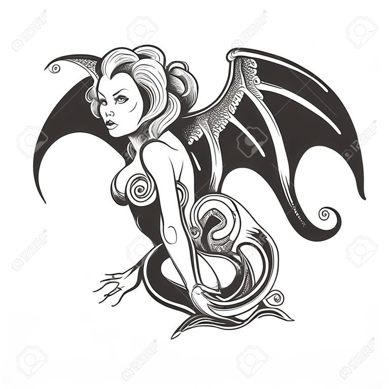 Mythological Female Demon Succubus drawn in tattoo style. Vector illustration.