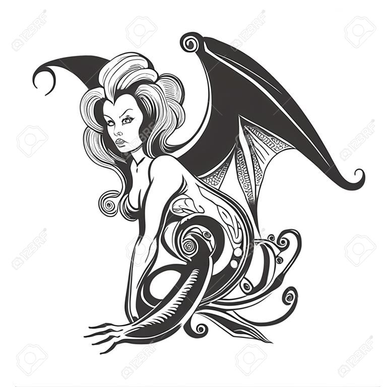 Mythologischer weiblicher Dämon Succubus im Tattoo-Stil gezeichnet. Vektor-Illustration.