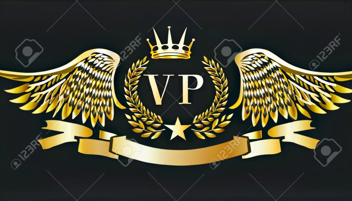 Emblema VIP dourado. Coroa de louro, asas de águia, coroa e fita. Ilustração vetorial.
