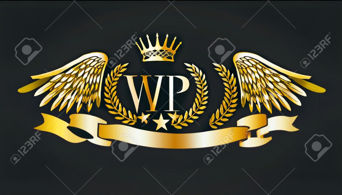 Goldenes VIP-Emblem. Lorbeerkranz, Adlerflügel, Krone und Band. Vektor-Illustration.