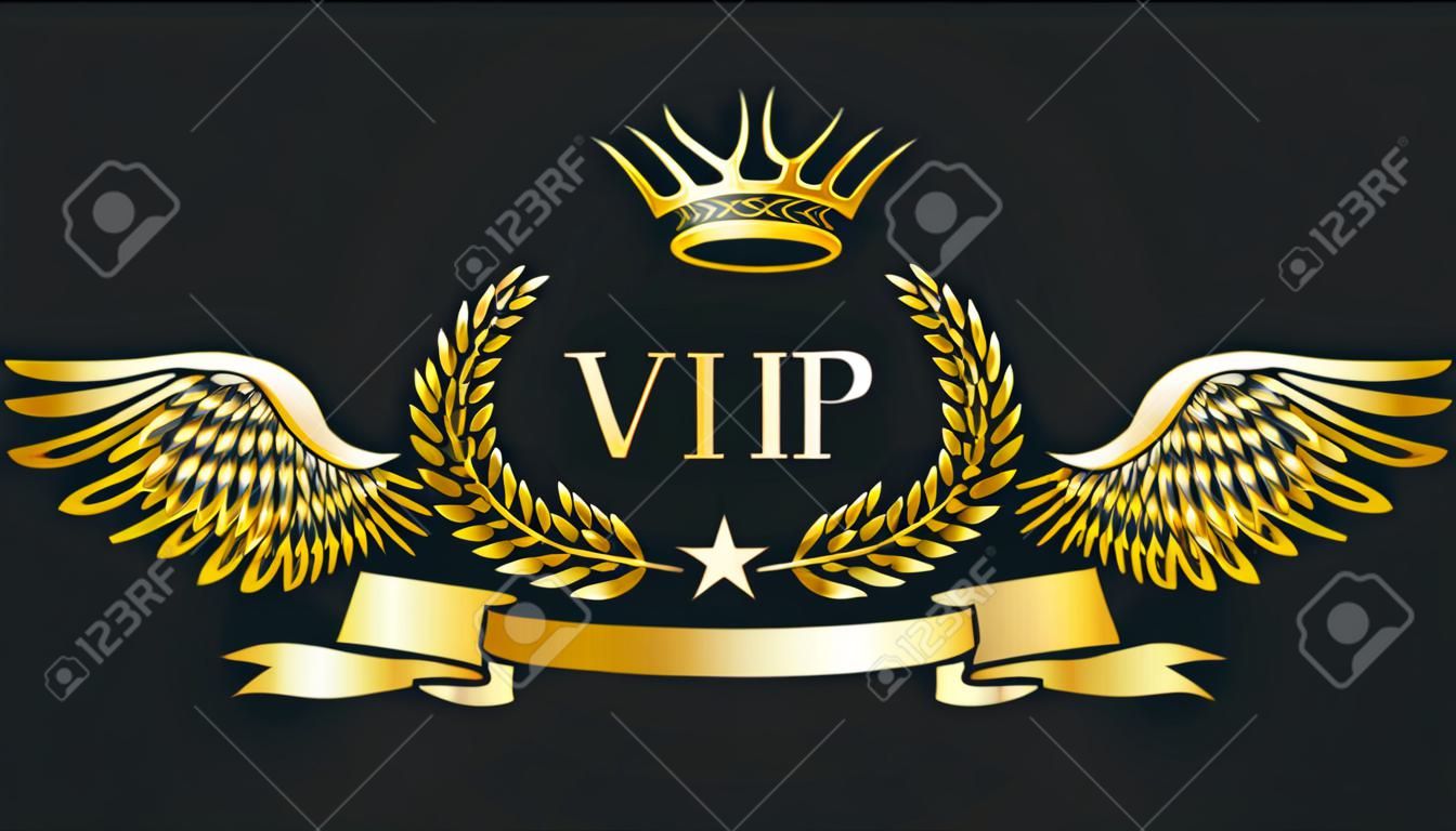 Golden VIP Emblem. Laurel wreath, eagle wings, crown and ribbon. Vector illustration.