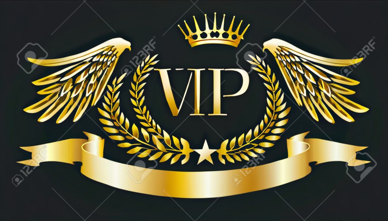 Goldenes VIP-Emblem. Lorbeerkranz, Adlerflügel, Krone und Band. Vektor-Illustration.