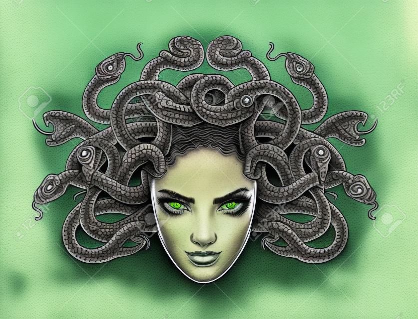 Gorgone Medusa con serpenti disegnati in stile tatuaggio. Illustrazione vettoriale