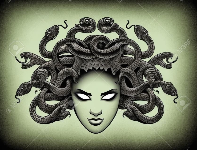 Gorgone Medusa con serpenti disegnati in stile tatuaggio. Illustrazione vettoriale