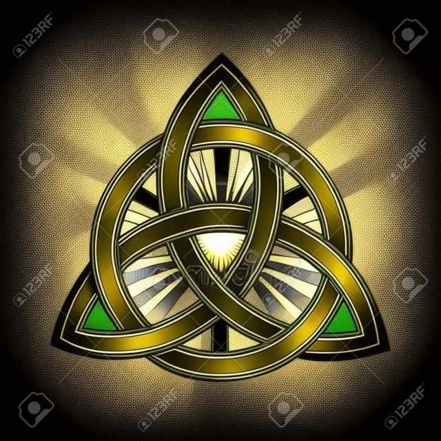 Emblem des goldenen keltischen Dreifaltigkeitsknotens isoliert auf schwarzem Hintergrund. Vektor-Illustration.