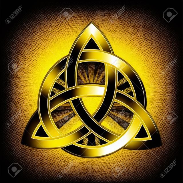 Emblema del nodo celtico dorato della Trinità isolato su sfondo nero. Illustrazione vettoriale.