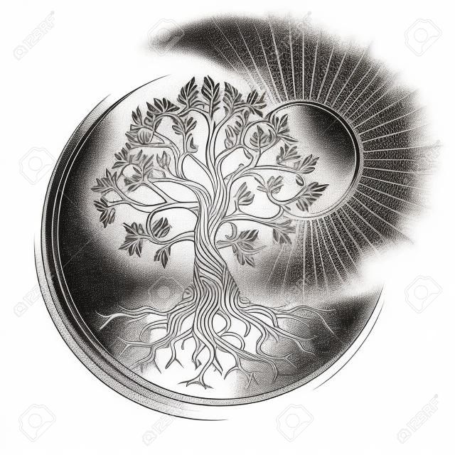 Tatuaż ezoteryczny drzewa życia narysowany w stylu grawerowania na białym tle. ilustracja wektorowa.