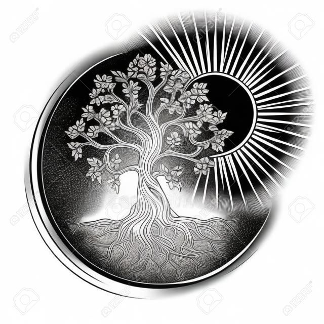 Tatuagem da árvore da vida Esotérica desenhada no estilo de gravura isolado no branco.