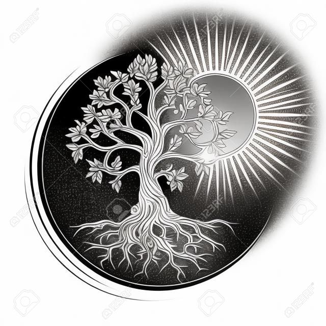 Tatuagem da árvore da vida Esotérica desenhada no estilo de gravura isolado no branco.