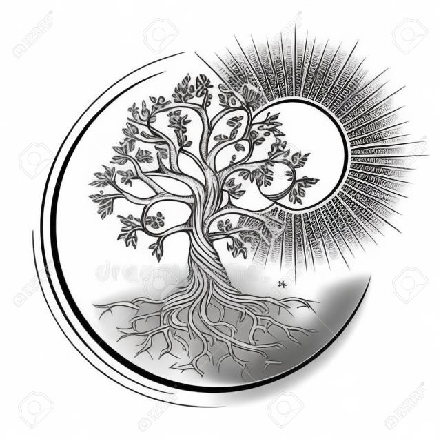 Tatuaż ezoteryczny drzewa życia narysowany w stylu grawerowania na białym tle. ilustracja wektorowa.
