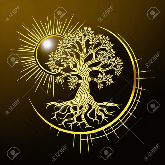 밀교 기호 황금 생명의 나무 검은 배경에 고립의 상징. 벡터 일러스트 레이 션.
