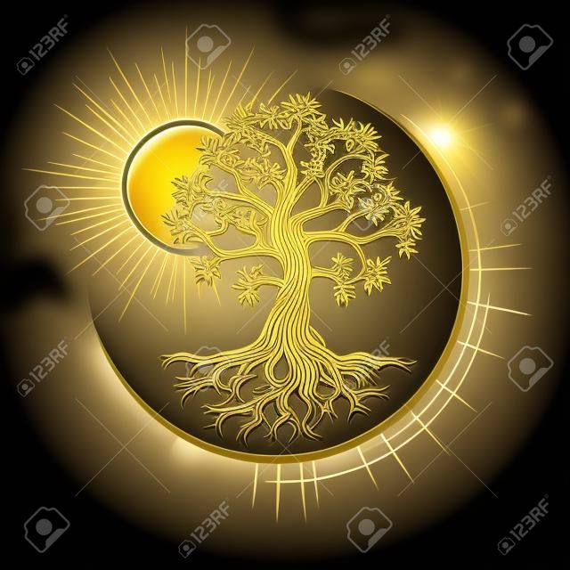 Emblema del símbolo esotérico Golden Tree of Life aislado sobre fondo negro. ilustración vectorial