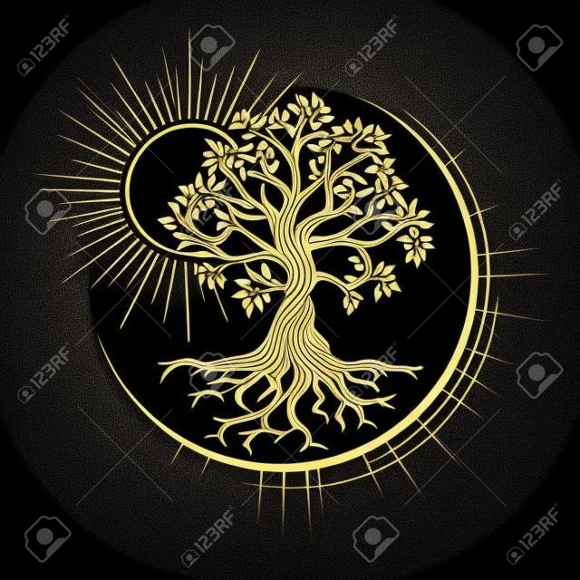 黒の背景に分離された秘教のシンボル黄金の生命の木のエンブレム。ベクトルイラスト。