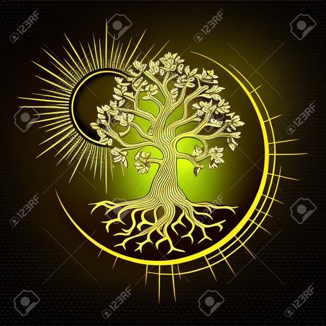 Godło ezoterycznego symbolu złotego drzewa życia odizolowanego na czarnym tle. ilustracja wektorowa.
