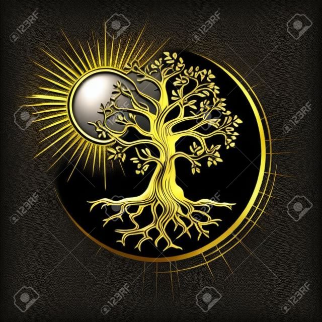 Emblema del simbolo esoterico Golden Tree of Life isolato su sfondo nero. Illustrazione vettoriale.