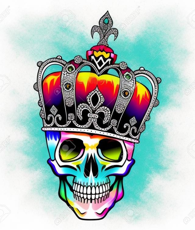 Tatuagem colorida do crânio em uma coroa do rei isolada no branco. Ilustração vetorial.