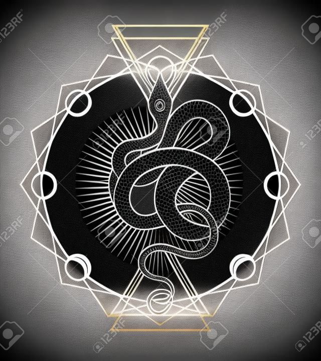 Emblema esotérico da geometria sagrada da serpente. Ilustração vetorial isolada no preto