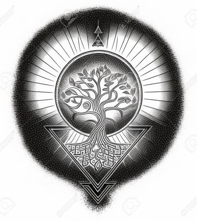 Tatuaggio dell'albero della vita e della geometria sacra esoterica isolato su sfondo bianco. illustrazione vettoriale.