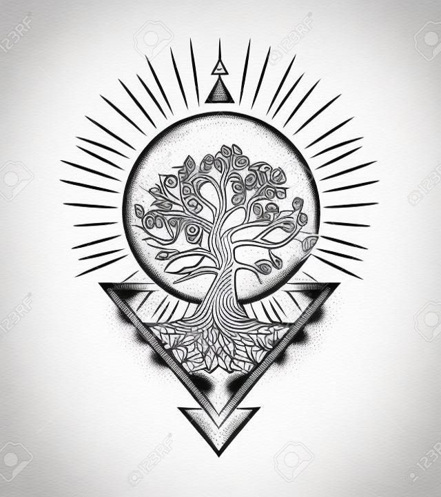Tatouage d'arbre de vie et géométrie sacrée ésotérique isolé sur fond blanc. illustration vectorielle.