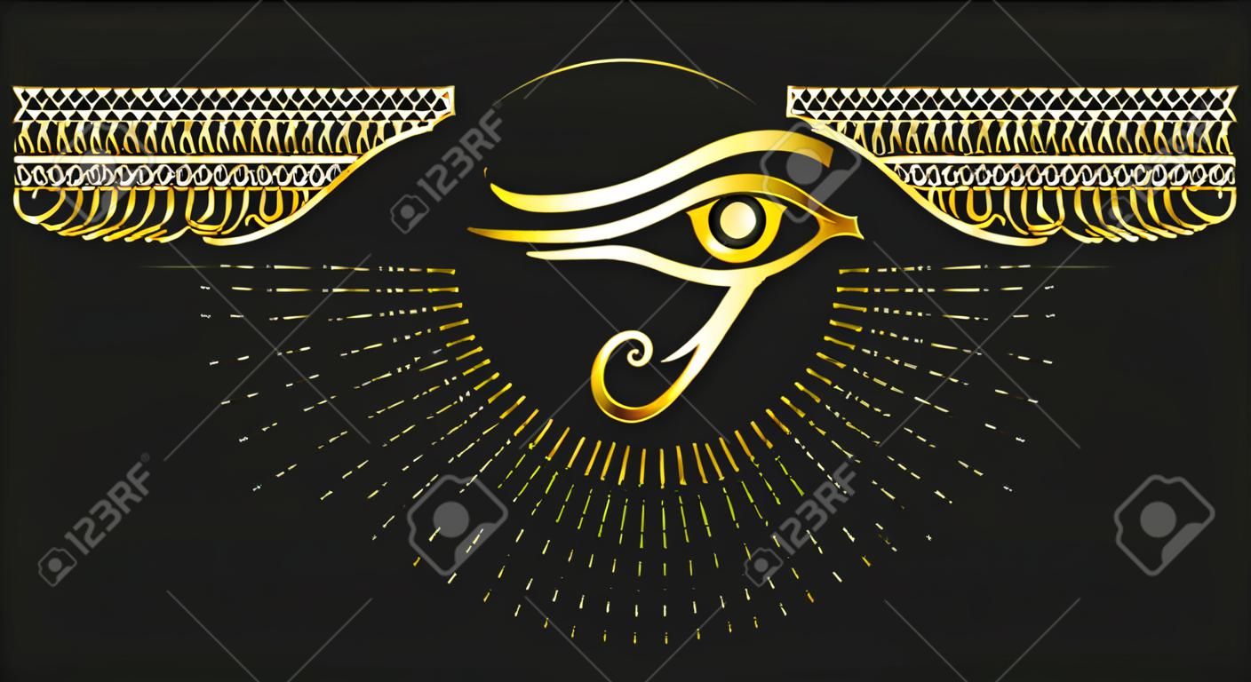 Złote godło starożytnego egipskiego symbolu oko horusa odizolowane na czarnym tle. ilustracja wektorowa.