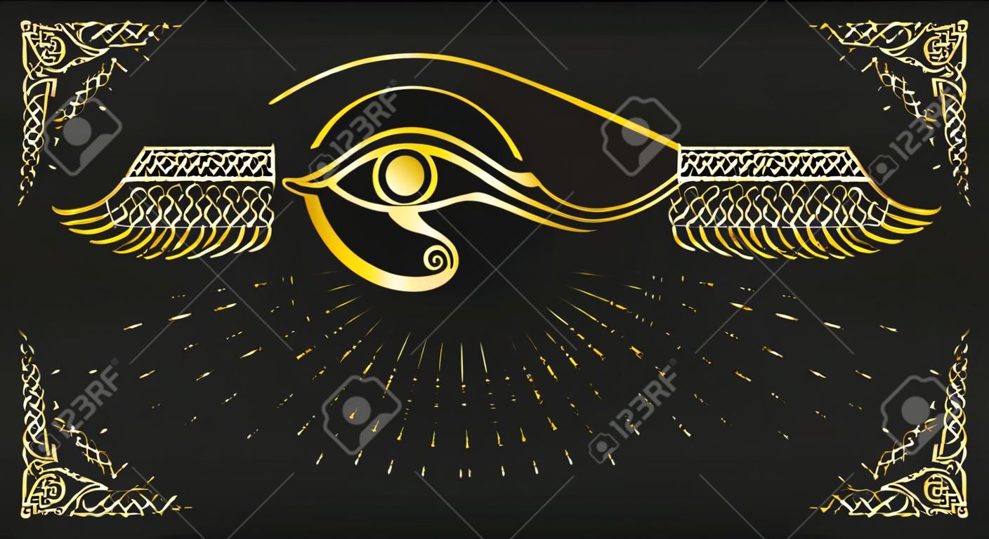 Złote godło starożytnego egipskiego symbolu oko horusa odizolowane na czarnym tle. ilustracja wektorowa.
