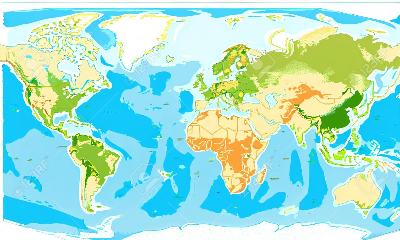Highly detailed physical map of the world,in vector format,with all the relief forms.
