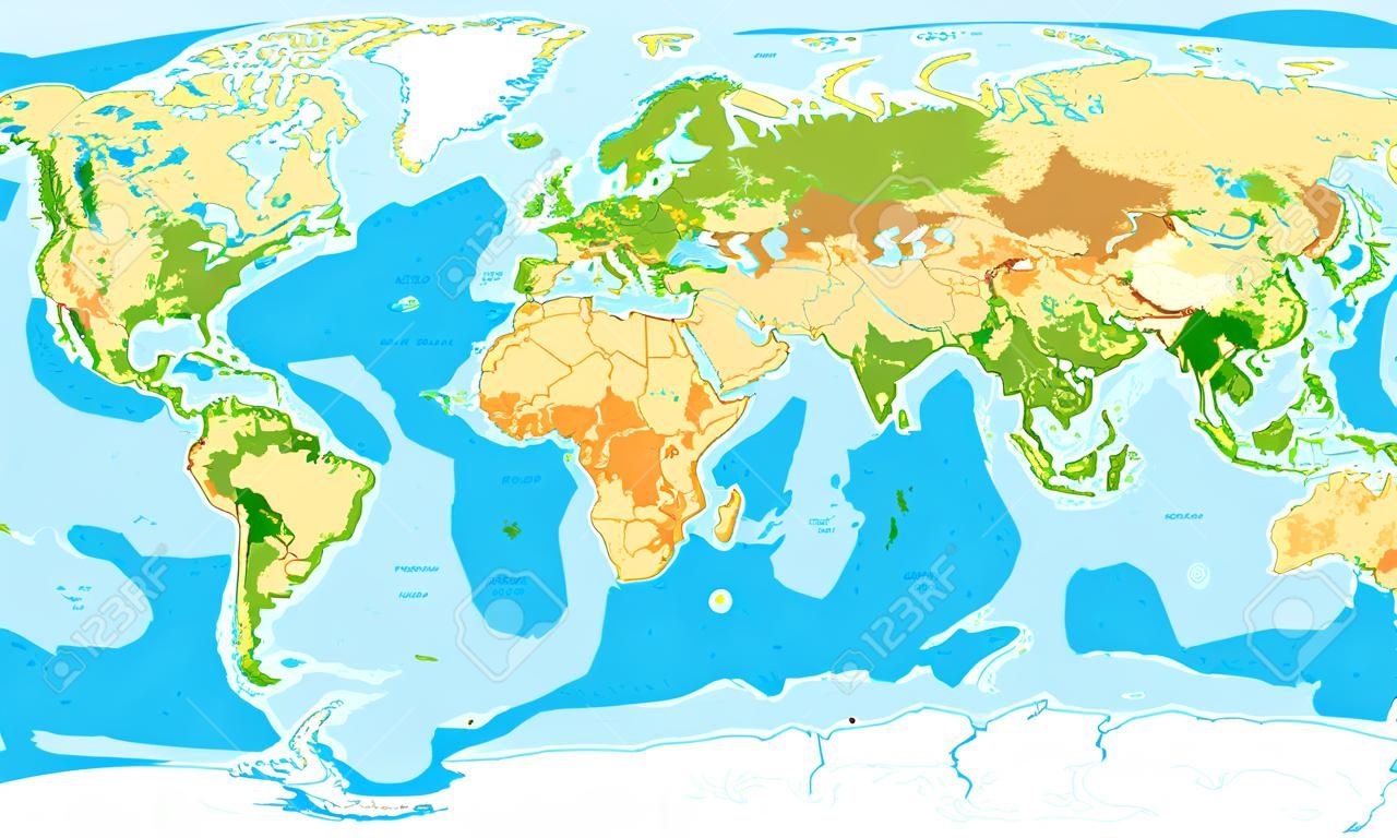 Zeer gedetailleerde fysieke kaart van de wereld, in vectorformaat, met alle reliëfvormen.