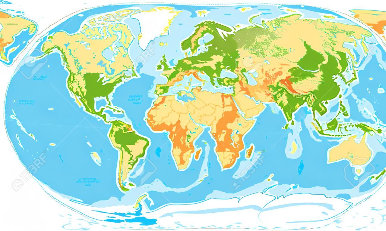 physikalische Karte der Welt, in Vektor-Format mit allen Reliefformen sehr detailliert.