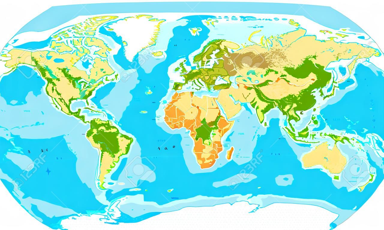 Zeer gedetailleerde fysieke kaart van de wereld, in vectorformaat, met alle reliëfvormen.