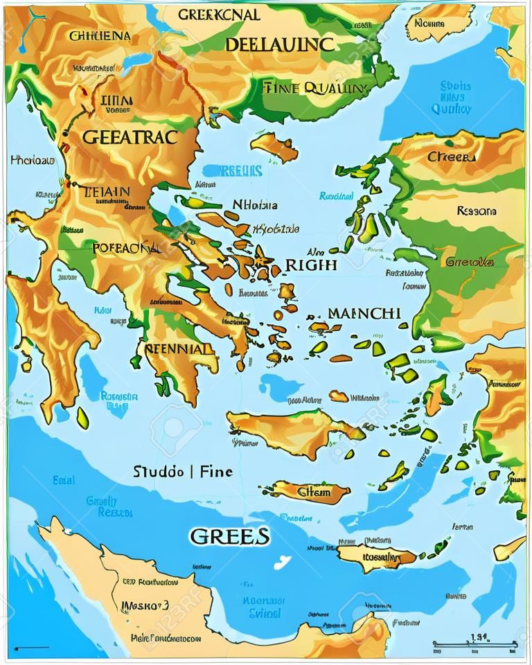 Bardzo szczegółowa fizyczna mapa Grecji, w formacie wektorowym, ze wszystkimi formami pomocy, regionami i dużymi miastami.
