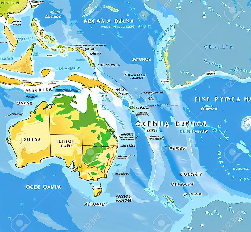 Mapa físico altamente detalhado da Oceania