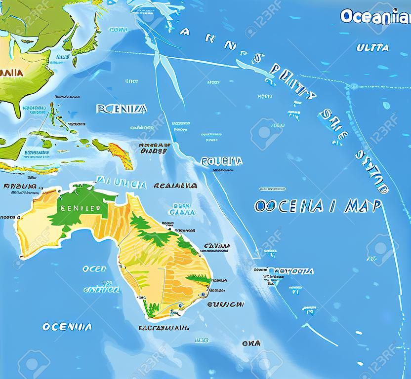 Mapa físico altamente detalhado da Oceania