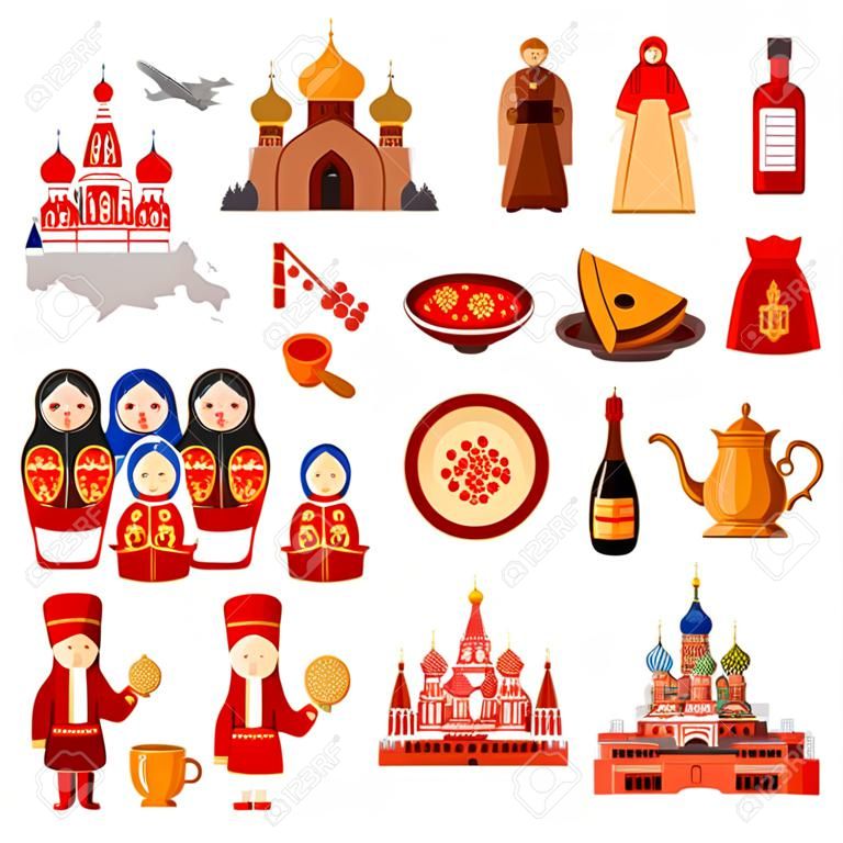 Travel to Russia. Set of icons of Russian architecture, food, costumes, traditional symbols, music, musical instruments, dolls, tea. Russian people. Collection of flat illustration to guide.