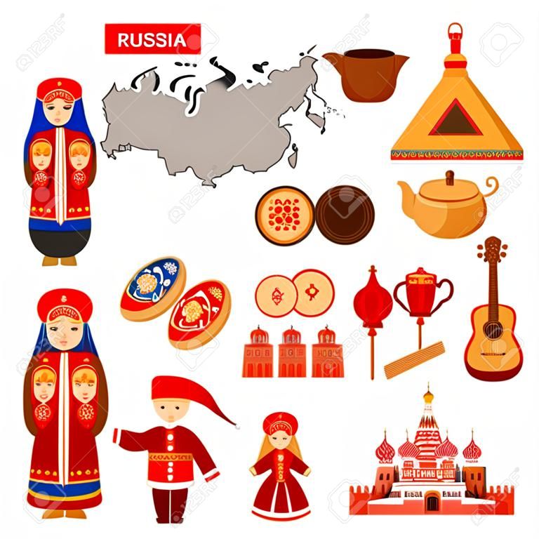 Travel to Russia. Set of icons of Russian architecture, food, costumes, traditional symbols, music, musical instruments, dolls, tea. Russian people. Collection of flat illustration to guide.