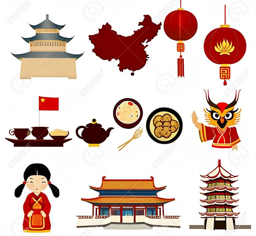 Podróż do Chin. Zestaw ikon chińskiej architektury, żywności, kostiumy, tradycyjnych symboli. Zbiór ilustracji do kierowania Chin.
